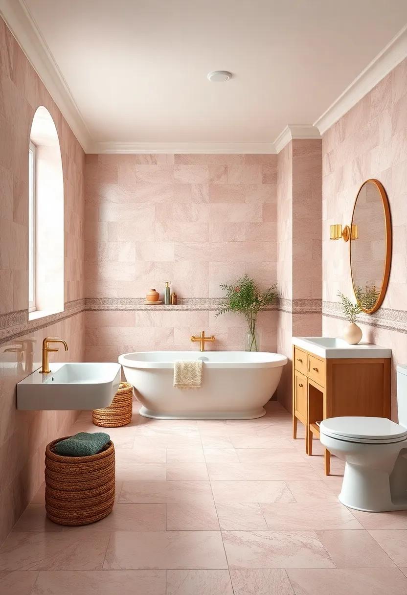 Pastel Pink Tiles with Gold Accents in Bathroom