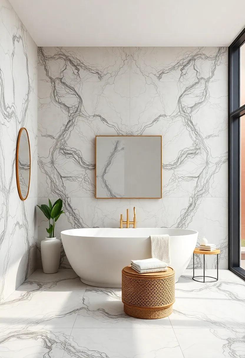Marble Bathroom Walls with Floor-to-Ceiling Tiles and Soft Natural Lighting