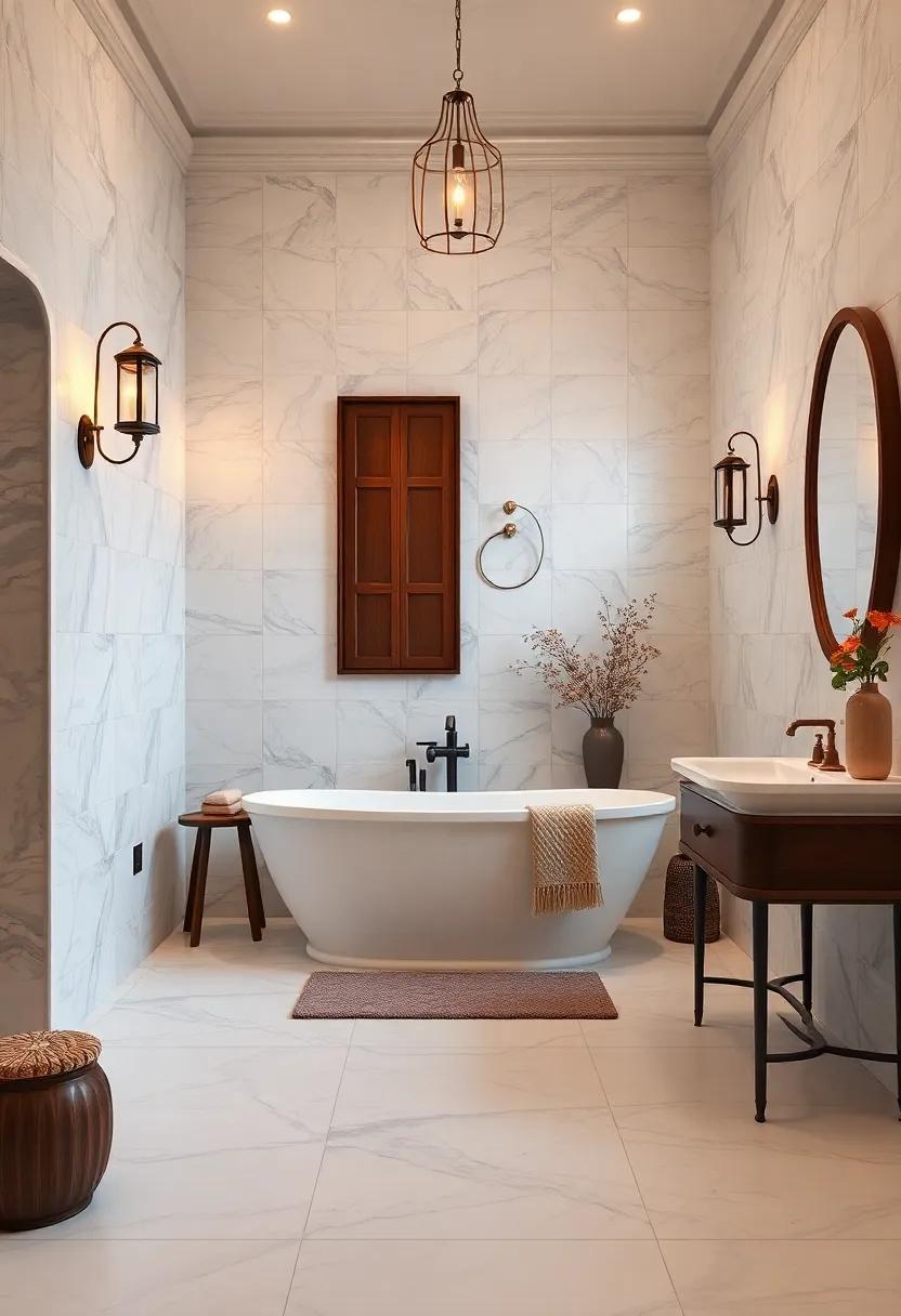 Glossy White Floor-to-Ceiling Tiles with Warm Lantern Wall Sconces