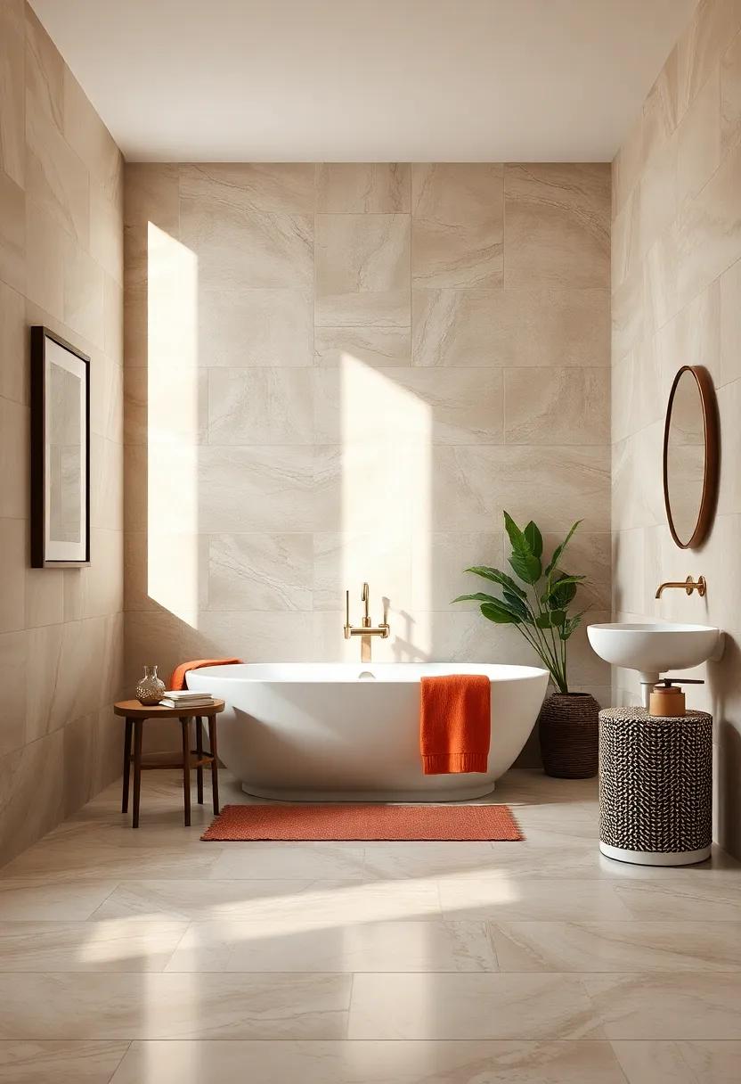Glossy Neutral Tiles Reflecting Daylight in Bathroom