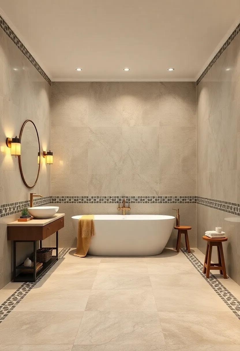 Intricate Mosaic Borders in Floor-to-Ceiling Tile Design