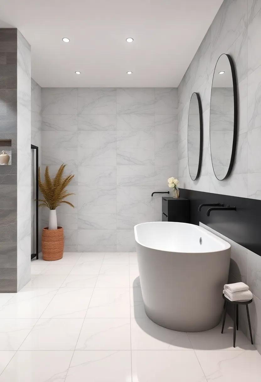 Matte Black Fixtures with Glossy White Floor-to-Ceiling Tiles