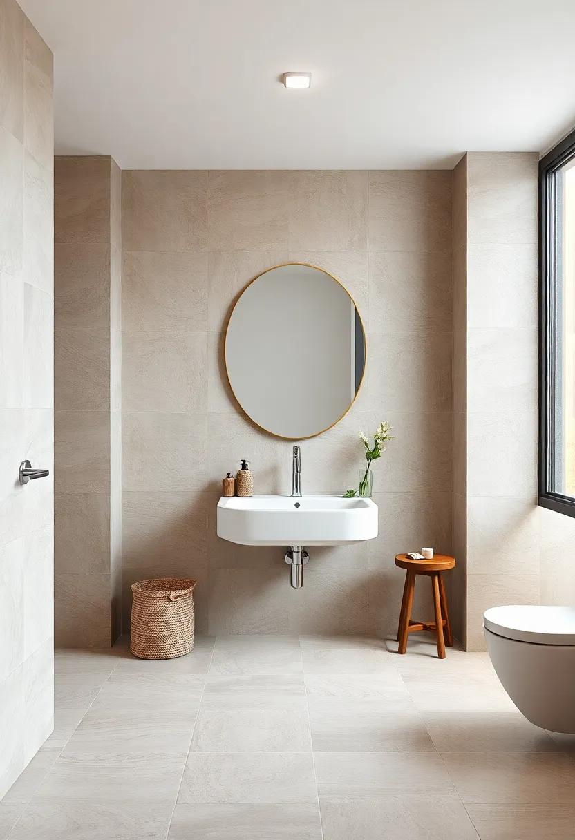 Soft Taupe Veined Tiles with Freestanding Sink and Chrome Fixtures