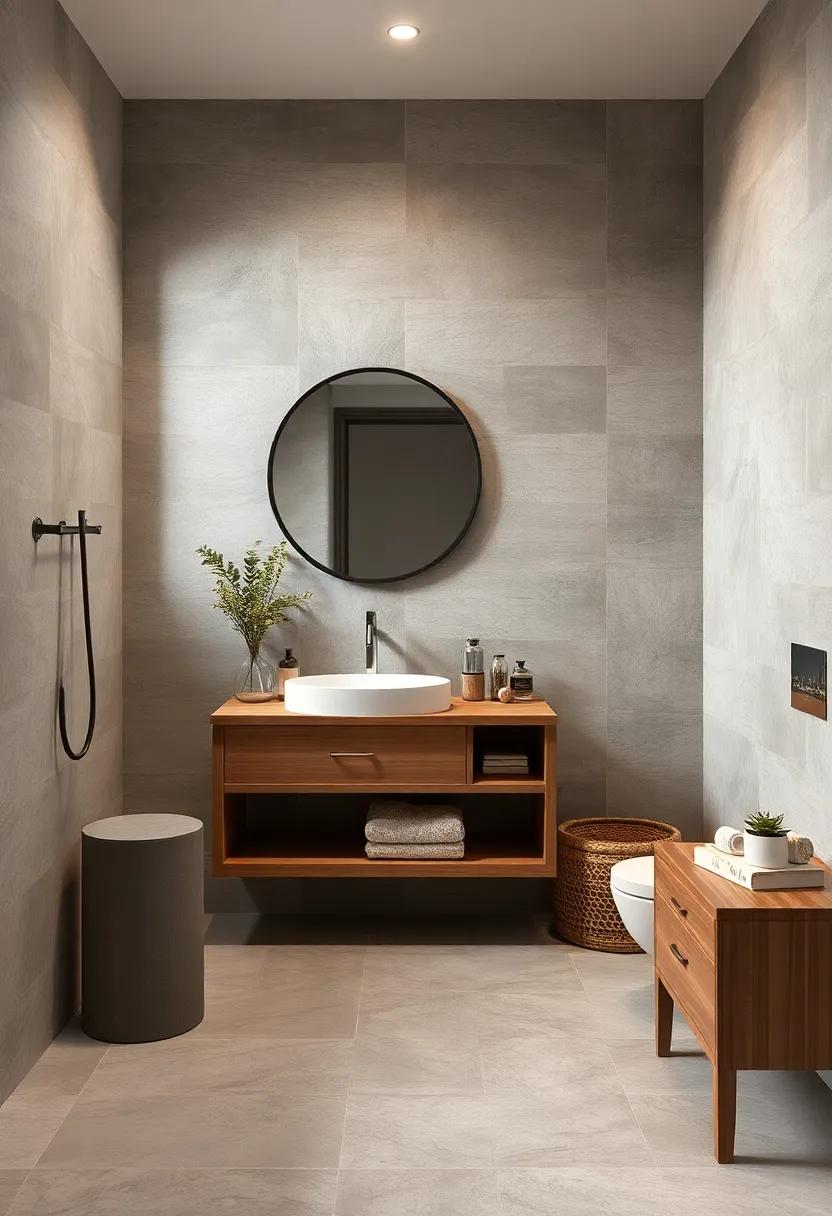 Textured Stone Tiles with Wooden Vanity