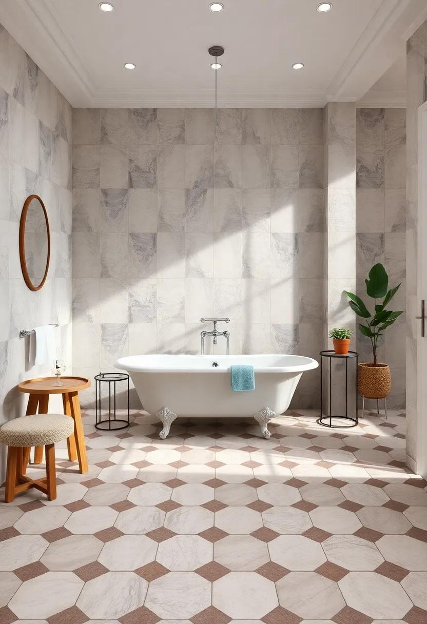 Checkerboard Floor-to-Ceiling Tiles Around Clawfoot Bathtub