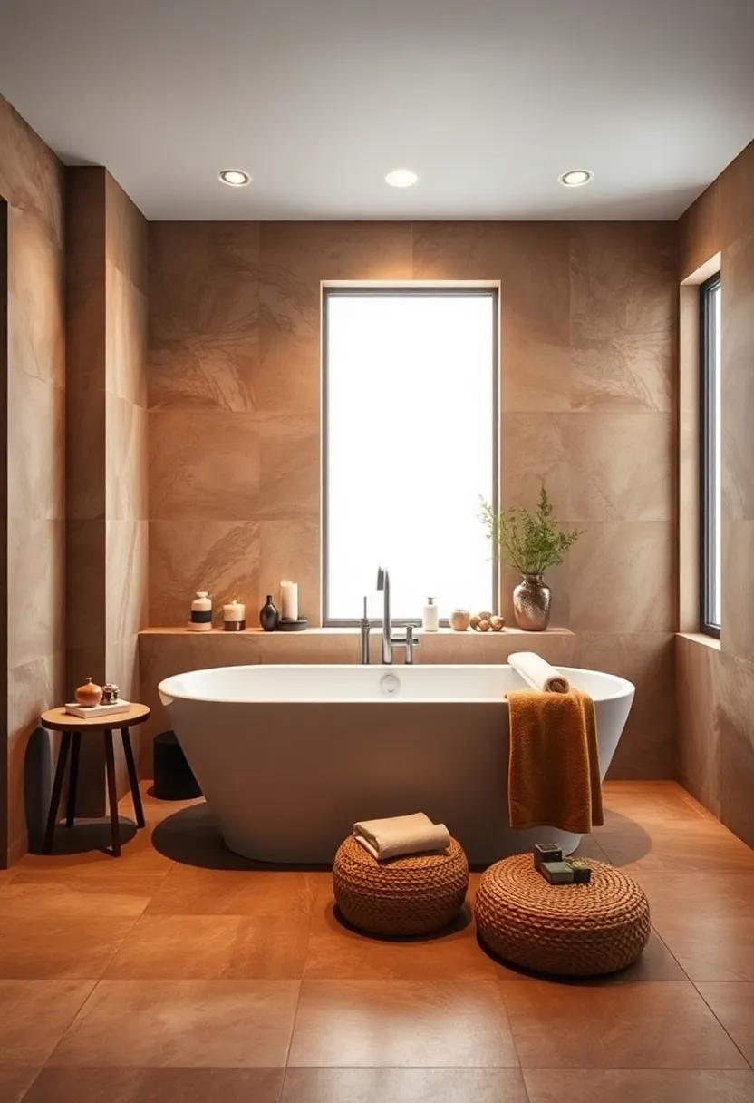 Warm Earth Tone Tiles Around Freestanding Bathtub
