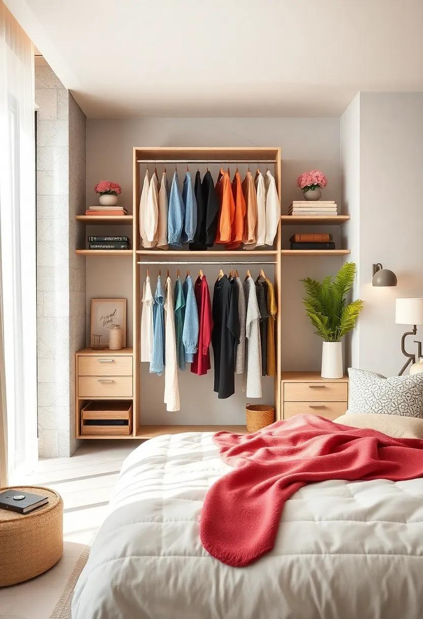 Folding Clothes Rack: Opt‌ for a minimalist folding rack for a stylish display of your favorite outfits while keeping your bedroom clutter-free