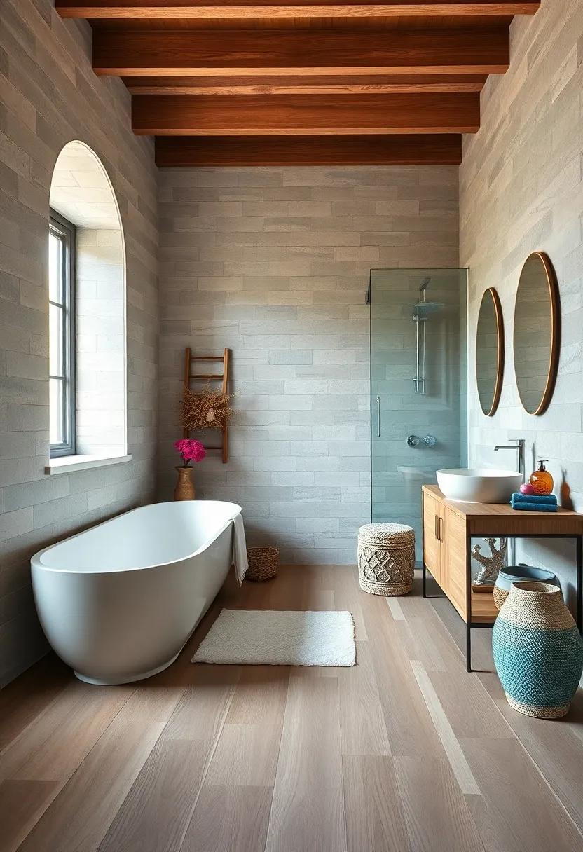 Calm Coastal Bathroom with Smooth Elm Wood Floors and Decorative Ocean Elements
