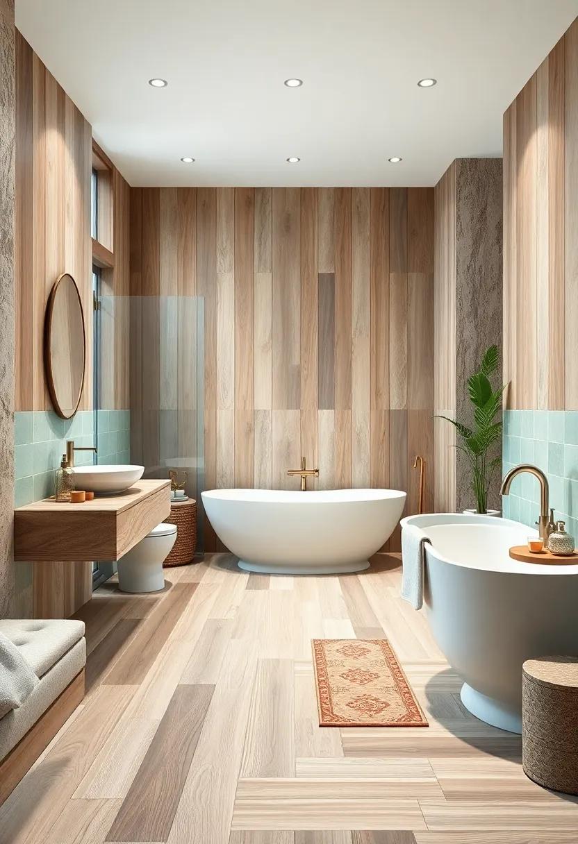 Harmony Between Natural Wood Tones and Seafoam Green Tiles in Serene Bathrooms