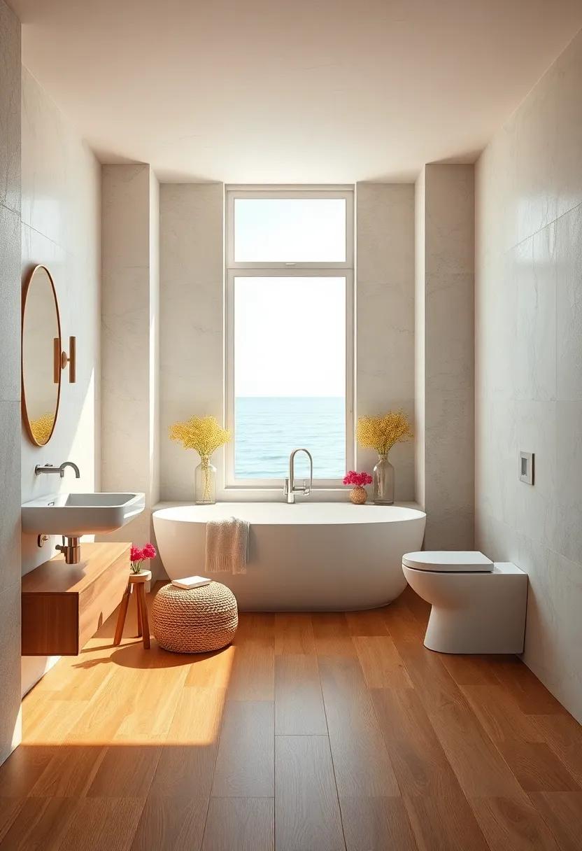 Inviting Bathroom Nook With Soft Walnut Plank Floors and Large Window Overlooking the Sea