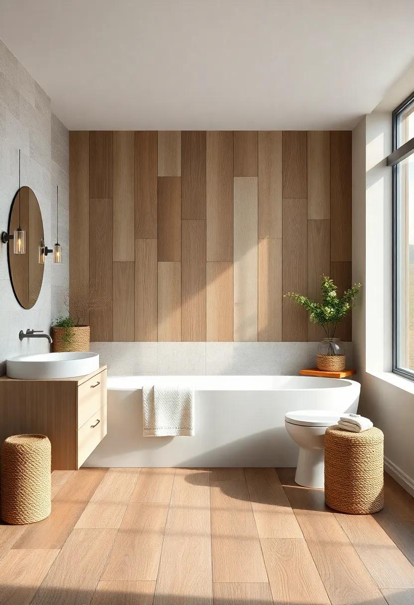 Layered Wood Finishes Creating Depth and Character in A Calm Coastal Bathroom Setting