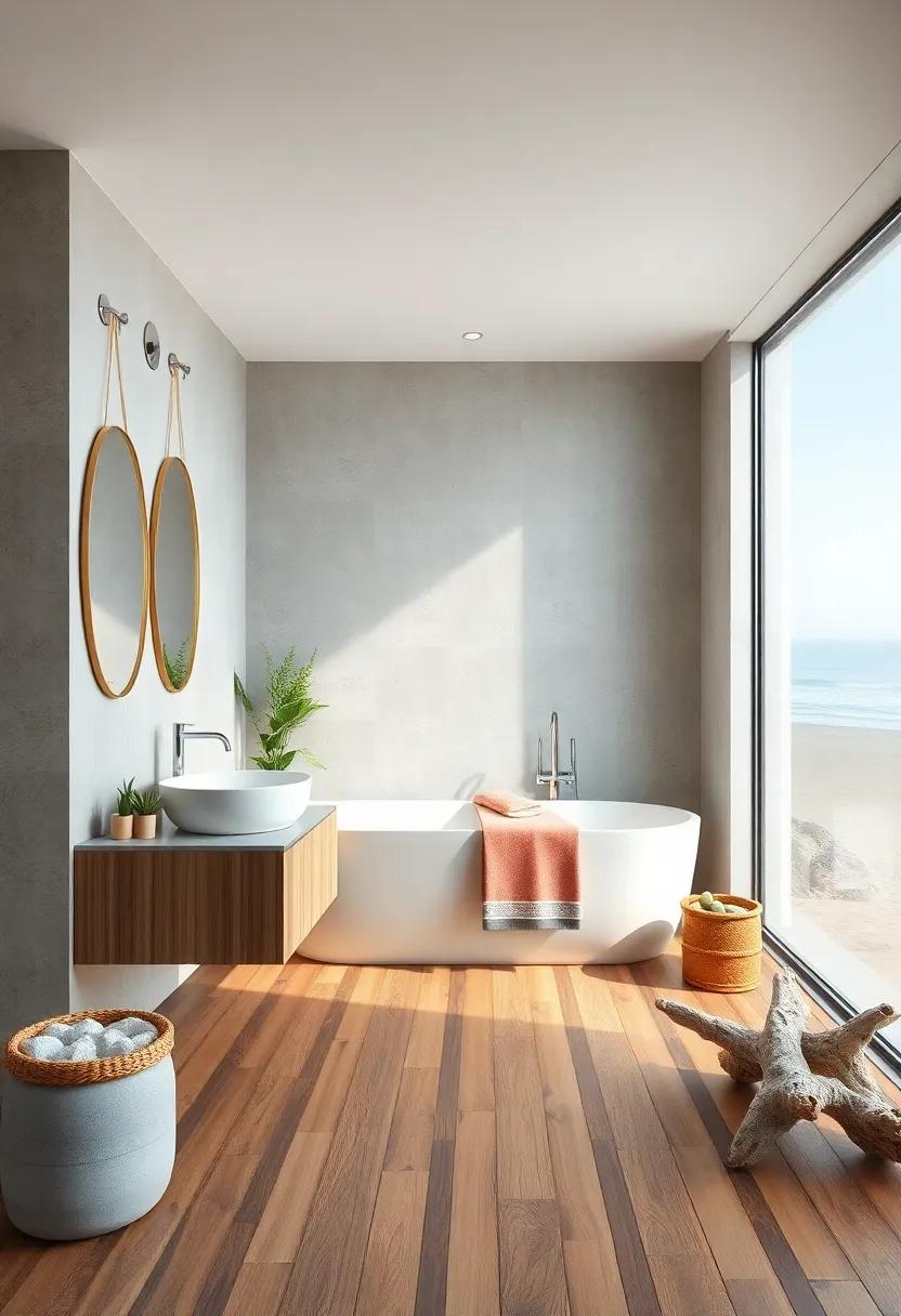 Minimalist Coastal Bathroom Featuring Natural Bamboo Floors and Driftwood Accents