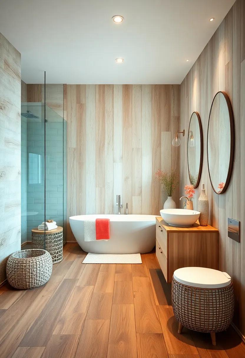 Natural Wood Tones Mixed With Light Coral and Soft Blue for Elegant Seaside Ambiance