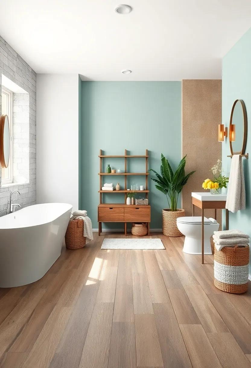 Serene Bathroom Scene With Reclaimed Barn Wood Floors And Soft Aqua Wall Colors