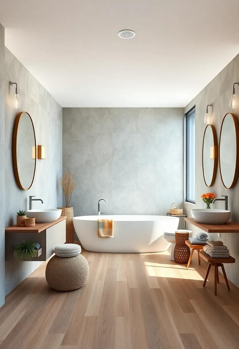 Soft Natural Light Highlighting Smooth Maple Wood Floors in Seaside Themed Bathrooms