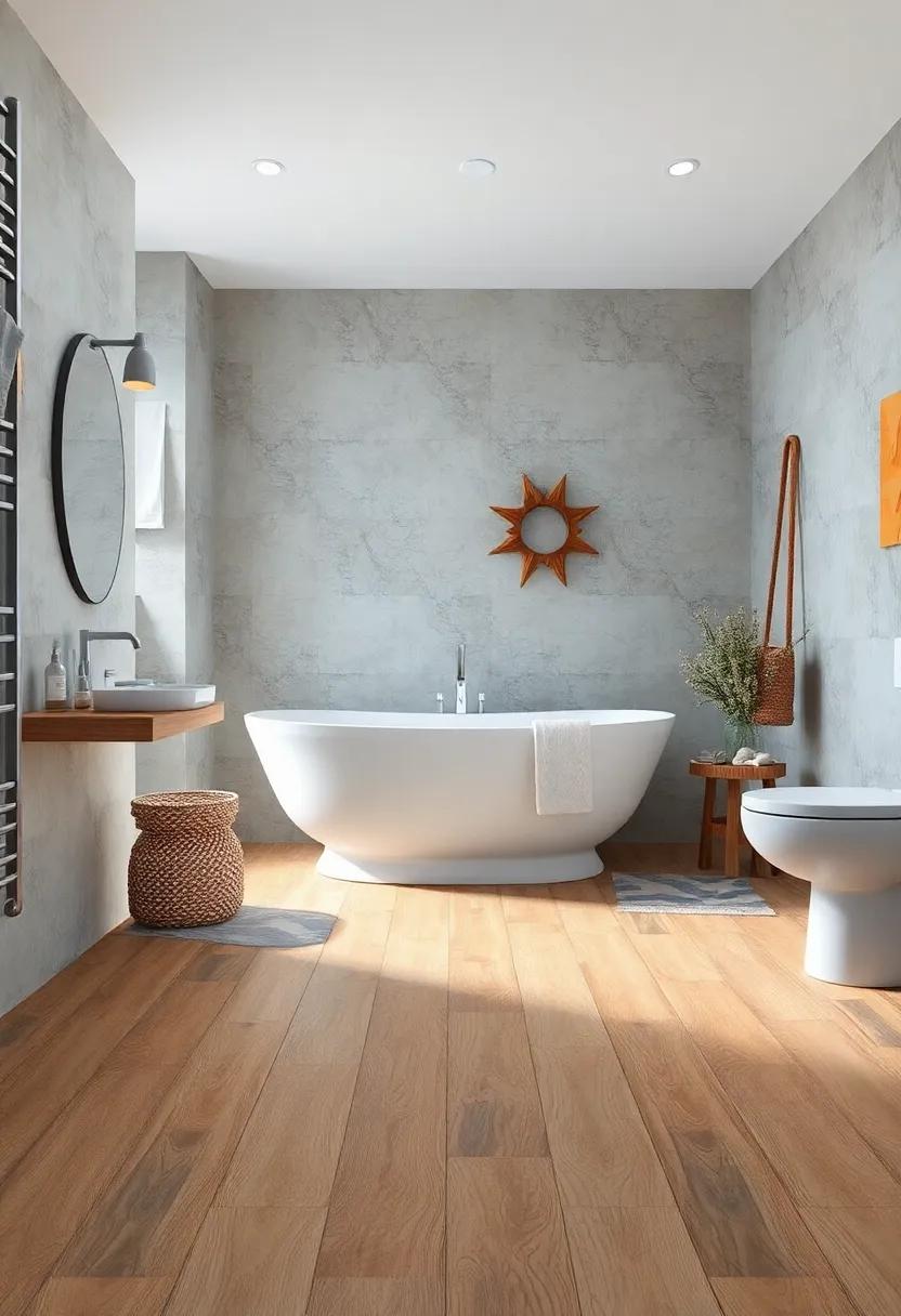 Soft Waves Painted on Pine Wood Flooring Enhancing the Coastal Bathroom Vibe