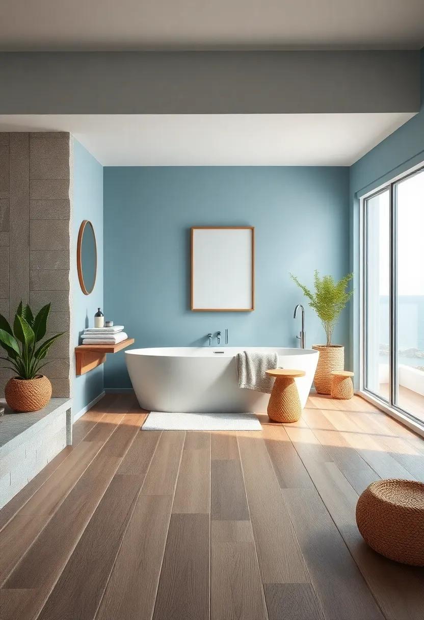 Subtle Grain Textures of Teak Wood Flooring Complementing Oceanic Blue Walls