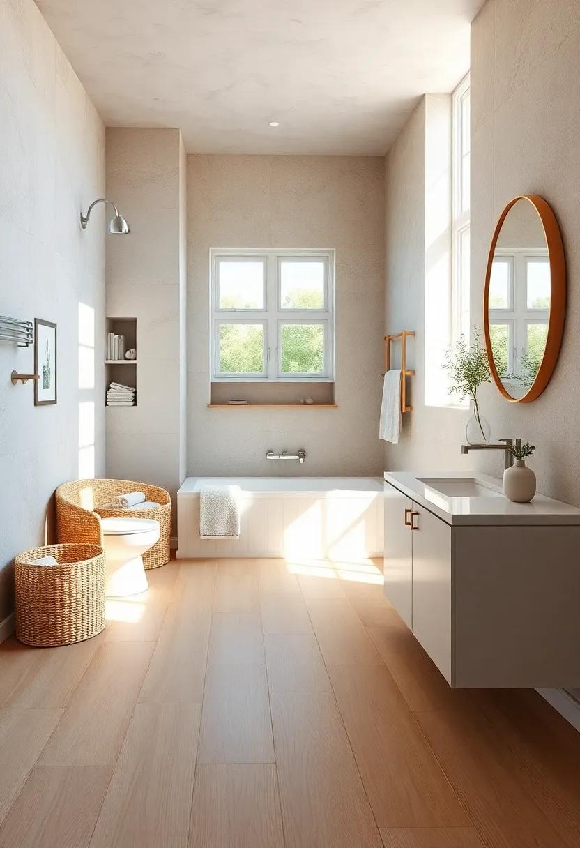 Sunlit Bathroom Retreat Showcasing Light Oak Flooring with Soft Nautical Accents
