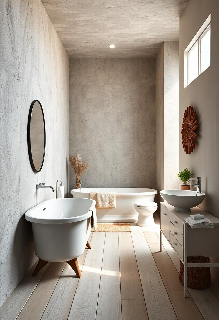 Vintage Styled Bathroom Featuring Distressed Whitewashed Wood Floors and Shell Decor