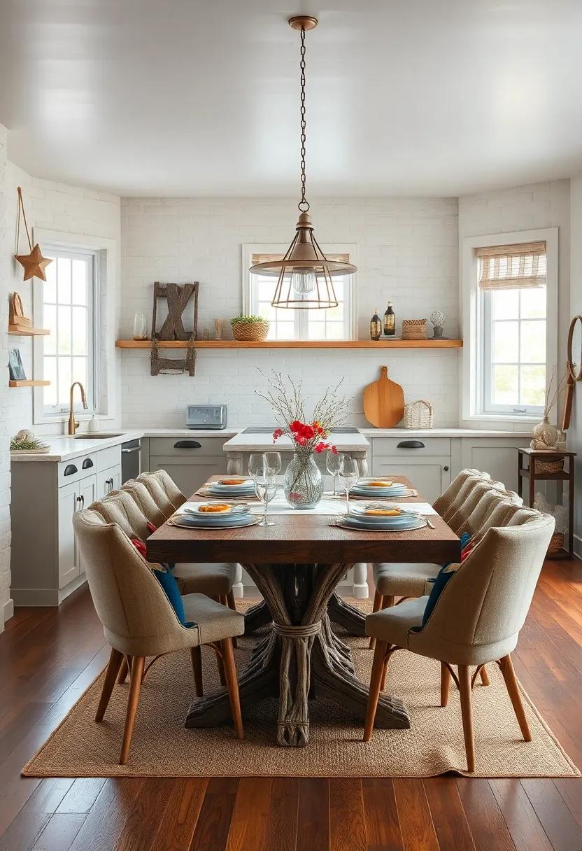 Anchoring Style Crafted With Driftwood Elements Surrounding A Cozy Coastal Kitchen Table Setting