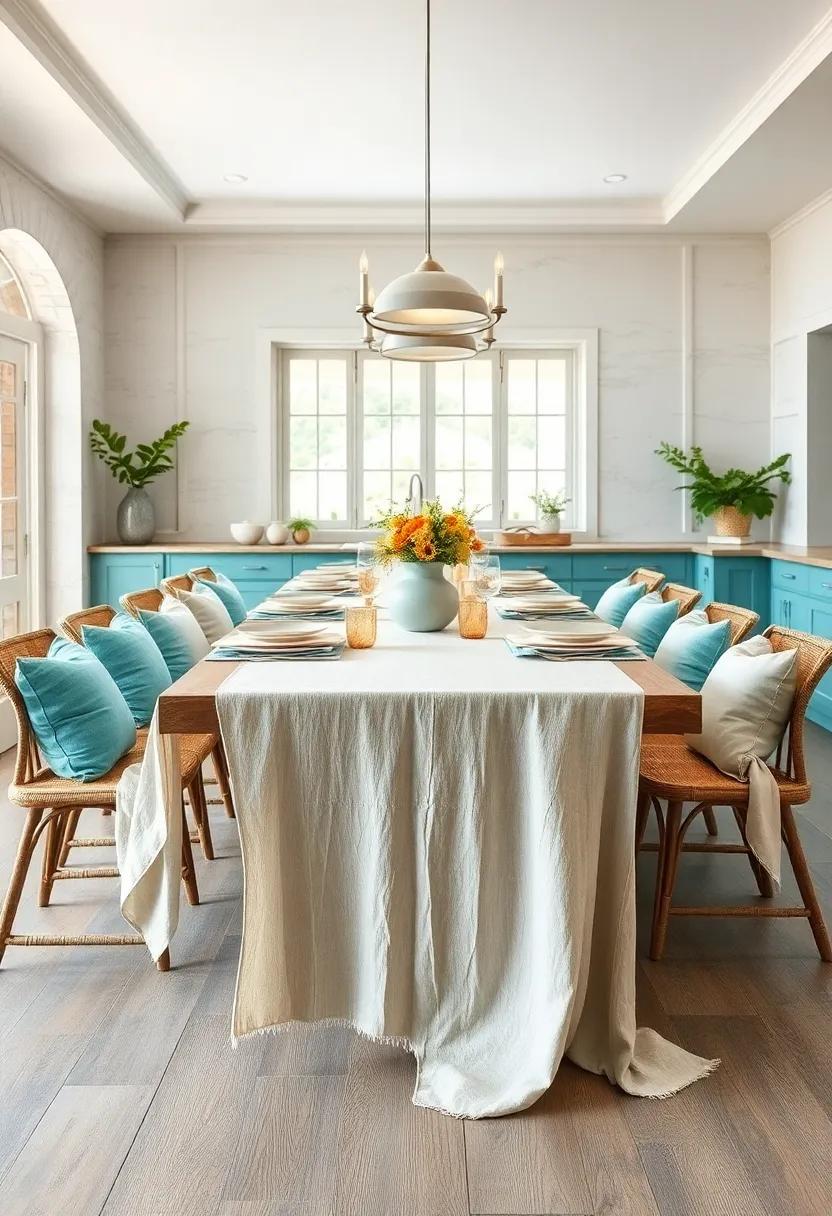 Cerulean And Sand Toned Linens Draped Over A Long Coastal Kitchen Table For Serene Gatherings