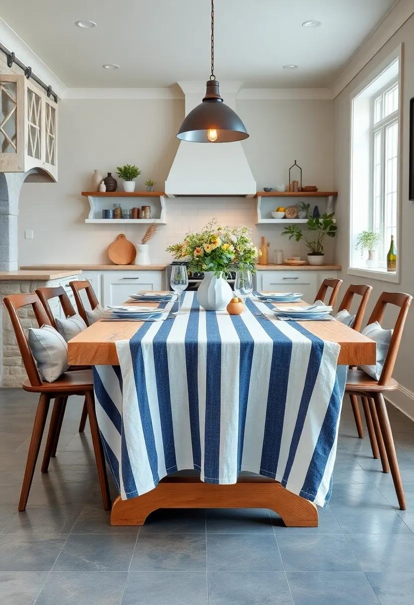 Classic Navy Blue And Crisp White Striped Tablecloth Draped Elegantly Over A Coastal Wood Table