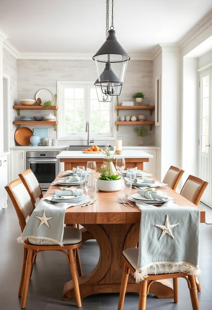 A Coastal Kitchen Table Set With Starfish Motifs And Linen Napkins Offering Casual Maritime Charm