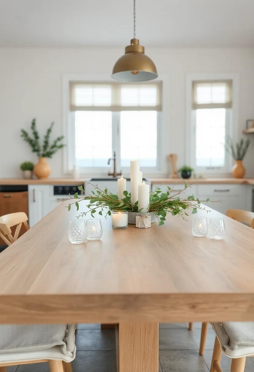 Delicate Coastal Greenery Arranged Around Candles On A Light Wood Kitchen Table Evoking Peaceful Nature