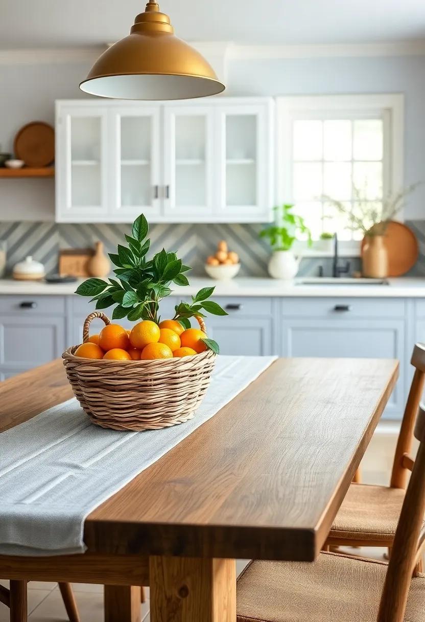 Fresh Citrus Fruits Resting In A Braided Basket As A Vibrant Pop On A Seaside Style Kitchen Table