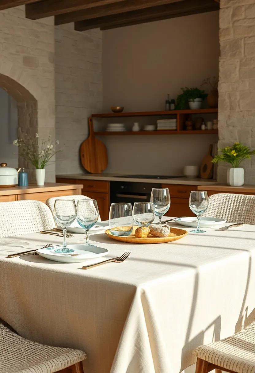 Light Blue Glassware Casting Reflections On A Sand-Colored Tablecloth Evoking Beachfront Calm