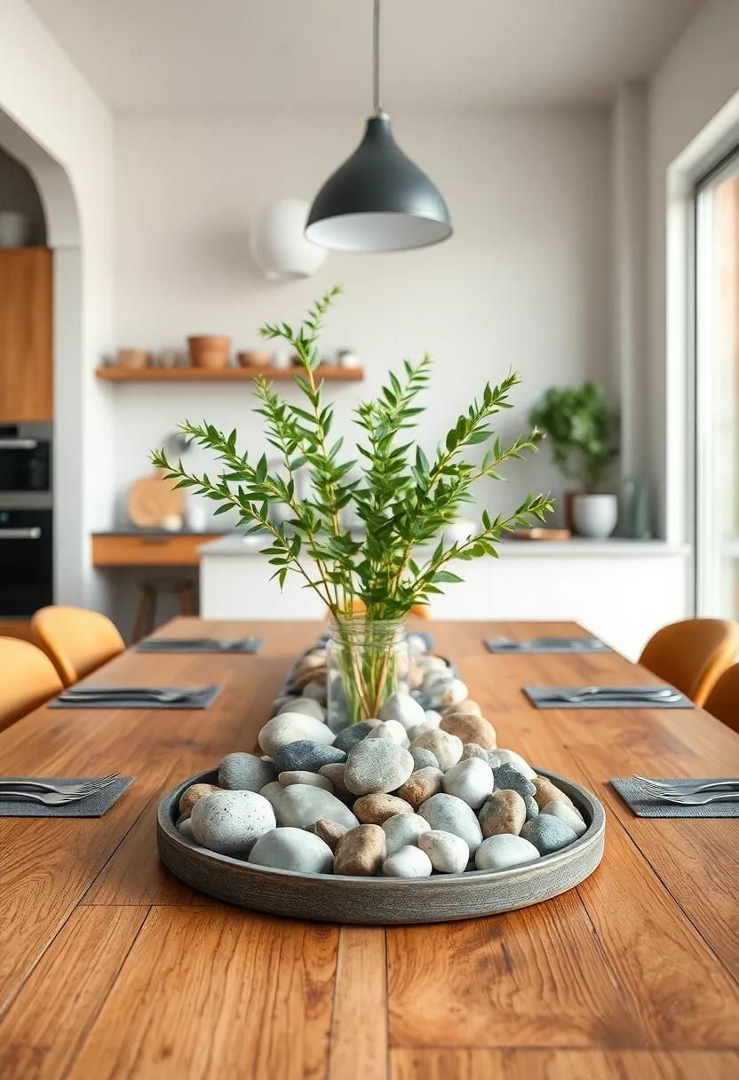 A Mix Of Smooth Pebbles And Fresh Greenery Arranged As A Minimalist Coastal Table Centerpiece