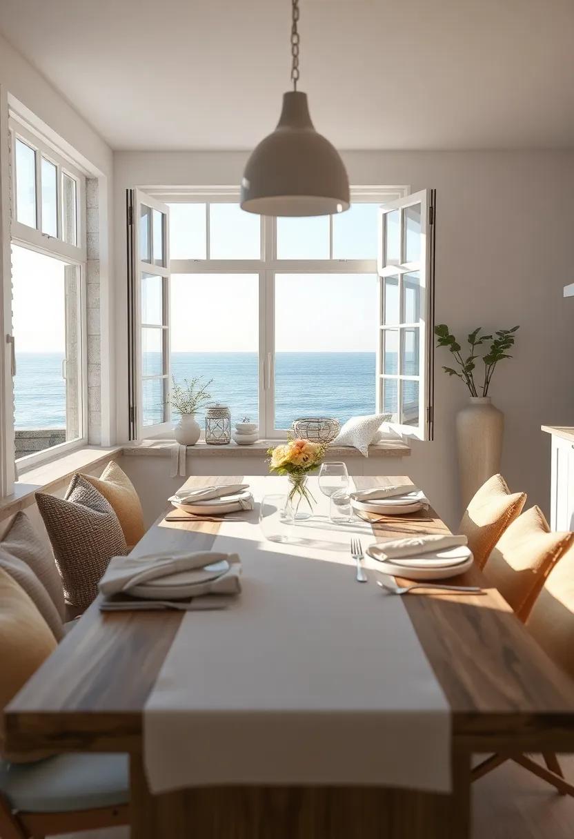 Open Windows Showcasing Ocean Views Framing A Calm Coastal Kitchen Table Setting With Breezy Textures