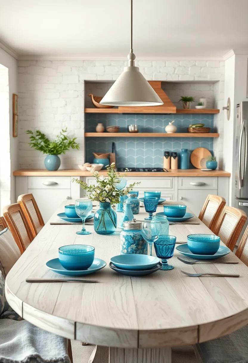 Rustic Whitewashed Wood Paired With Ocean Blue Tableware Creating A Tranquil Coastal Kitchen Ambiance