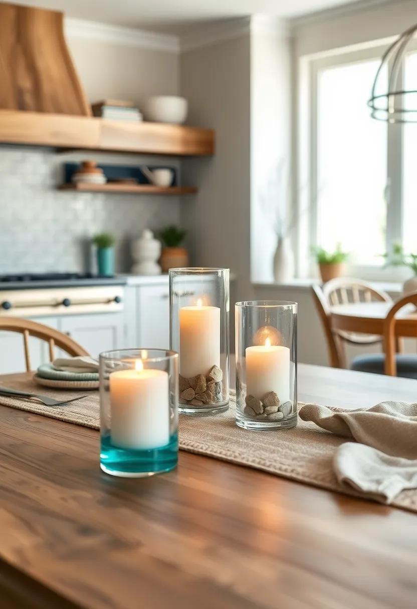 Seaside Inspired Candle Holders Made From Recycled Glass Glowing Warmly On A Coastal Kitchen Table