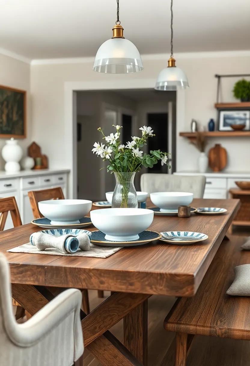 Simple White Porcelain Bowls Paired With Blue Hand-Painted Chargers On A Rustic Coastal Table