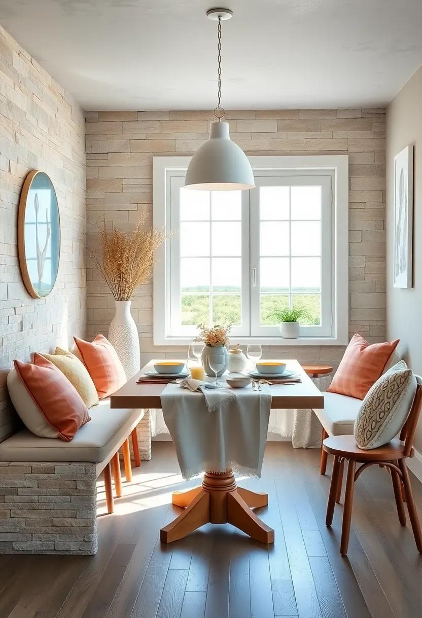 Sunlit Breakfast Nook Featuring Seashell Accents And Soft Linen Draped Over A Coastal Kitchen Table