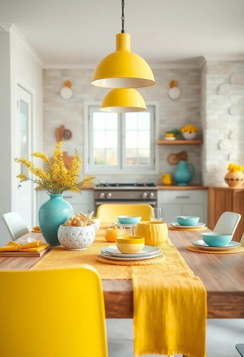 Sunshine Yellow Accents Complementing Turquoise Ceramics And Beach Themed Accessories On A Kitchen Table