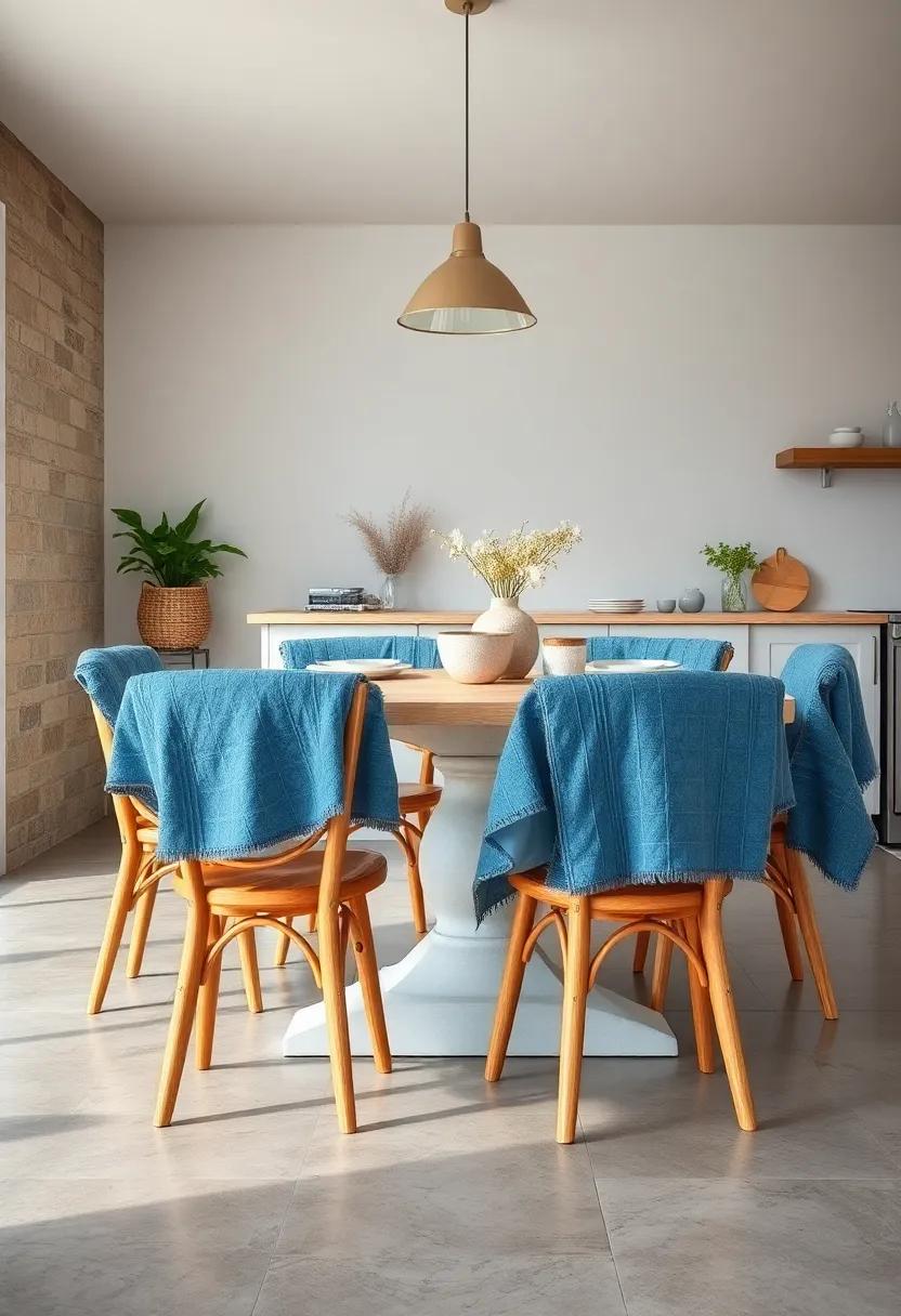 Textured Blue Throw Blankets Draped Over Wooden Chairs Surrounding A Coastal Kitchen Table Scene