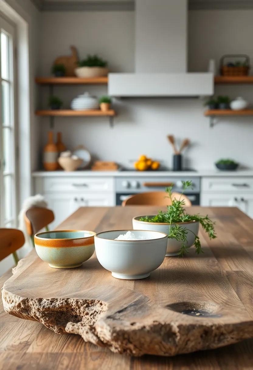 Vintage Ceramic Bowls Filled With Sea Salt And Fresh Herbs Set Against A Driftwood Tabletop