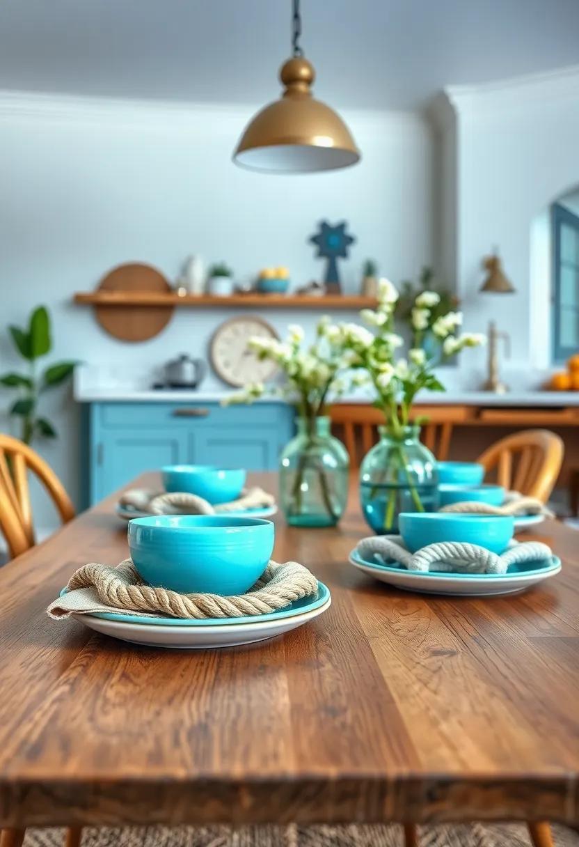 Weathered Rope Napkin Rings Complementing Pale Aqua Plates On A Coastal Kitchen Table Vintage Look