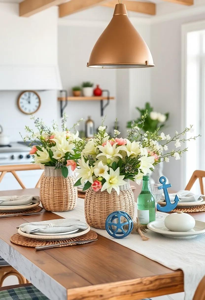 Woven Basket Centerpieces Brimming With Fresh Coastal Flowers Alongside Nautical Table Decor