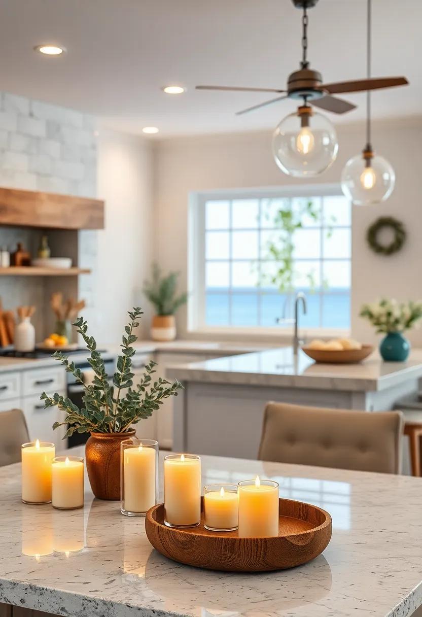Ambient Candles with Ocean Breeze Scents Creating a Relaxing Atmosphere in the Coastal Kitchen