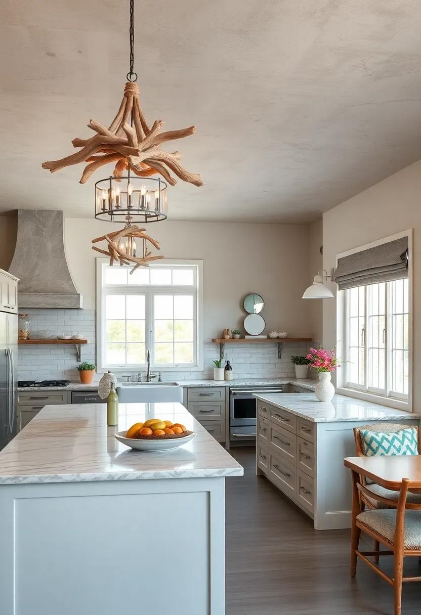 Driftwood Chandeliers Casting Gentle Light over Islands and Breakfast Nooks in a Coastal Kitchen