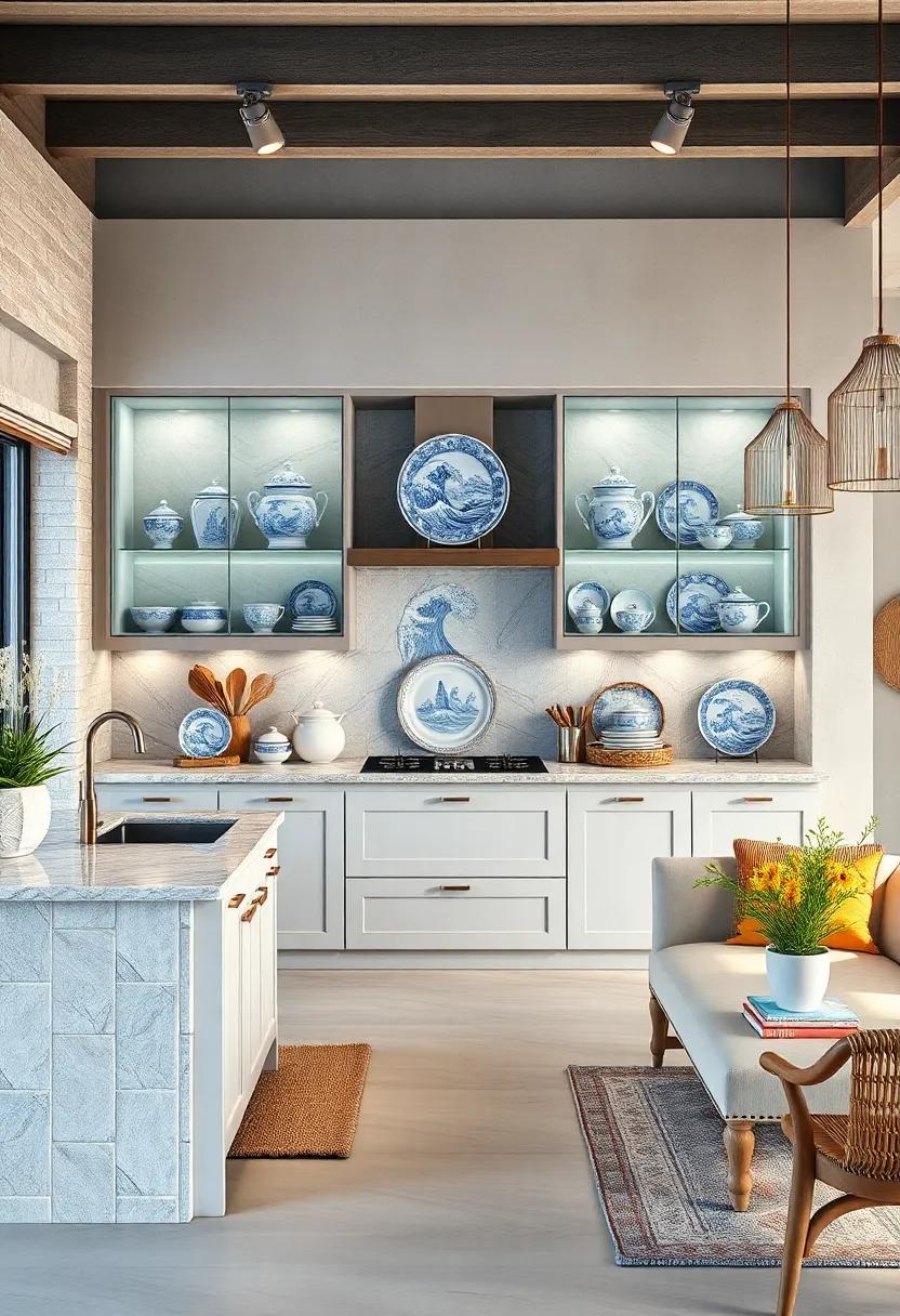 Glass Cabinets Showcasing Blue and White Porcelain Collections Inspired by Ocean Waves