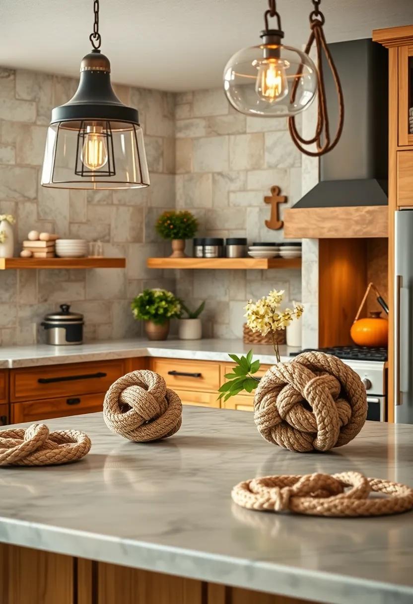 Light Reflecting Off Weathered Metal Accents and Nautical Knots in Coastal Kitchen Décor