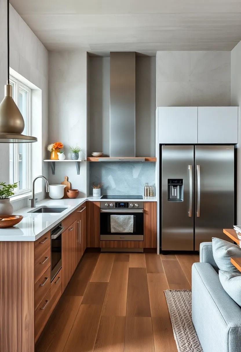 Minimalist Stainless Steel Appliances Contrasted by Warm Woodgrain Finishes for Balanced Function and Style