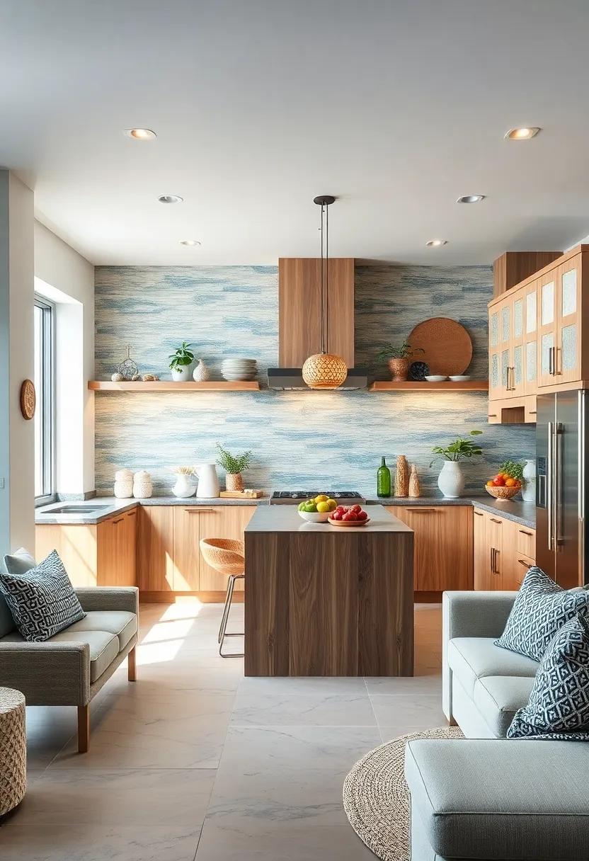 Ocean-Inspired Tile Patterns Adding Texture and Depth to Calm, Inviting Kitchen Walls