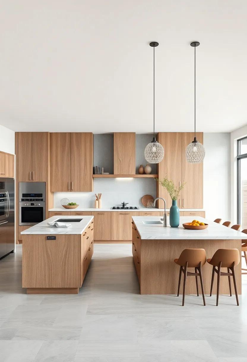 Open Concept Kitchen Islands Designed with Driftwood Panels and Smooth Marble Surfaces