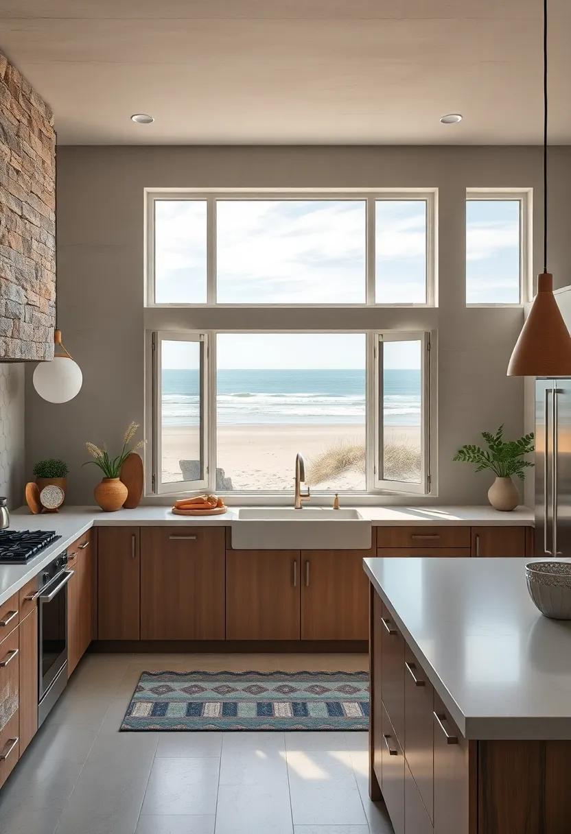 Open Windows Framing Views of Soft Surf and Gentle Dunes from a Quiet Coastal Kitchen