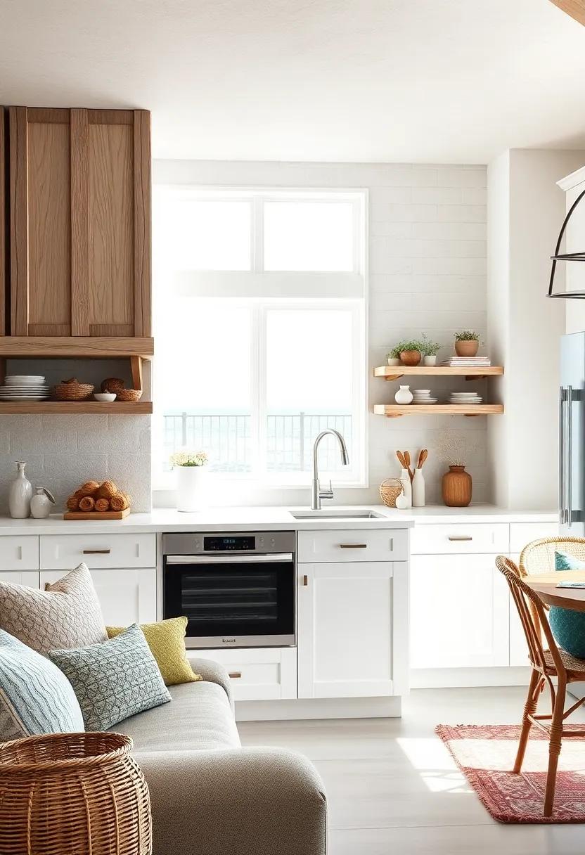 Rustic Driftwood Accents Blending Seamlessly with Sleek White Cabinets in a Tranquil Seaside Setting